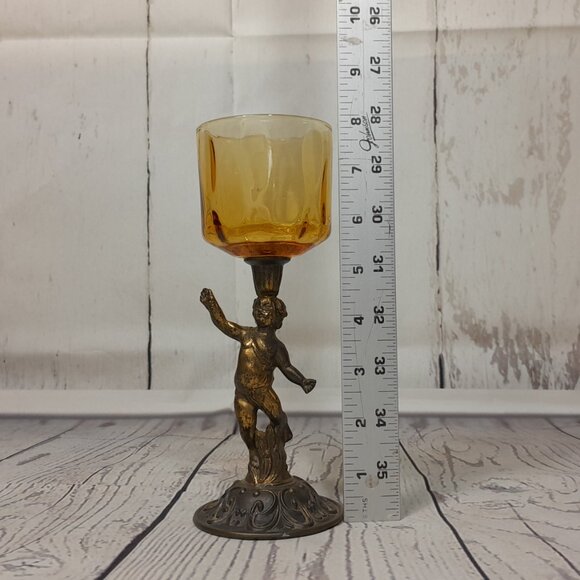 Putti Cherub Angel Votive Candle Holder Cast Metal Amber Glass Bowl 8" - Picture 12 of 13